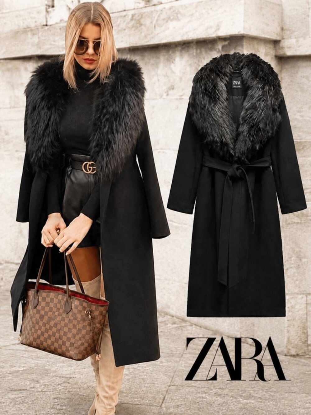 💥ABSOLUTELY STUNNING!💥ZARA MANTECO WOOL COAT WITH FAUX FOX FUR COLLAR IN BLACK